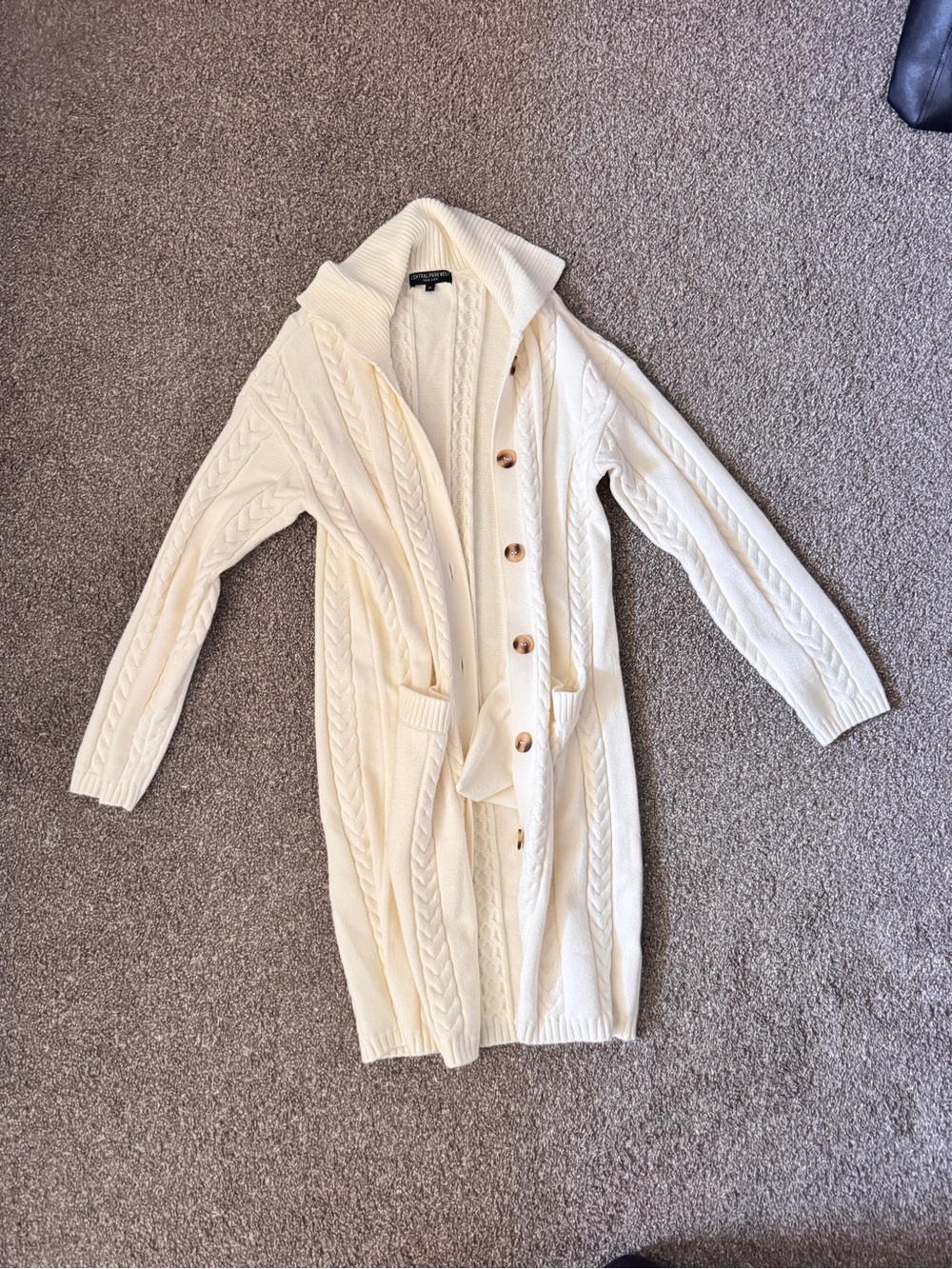Cream Cable-Knit Long Cardigan Sweater with Collar